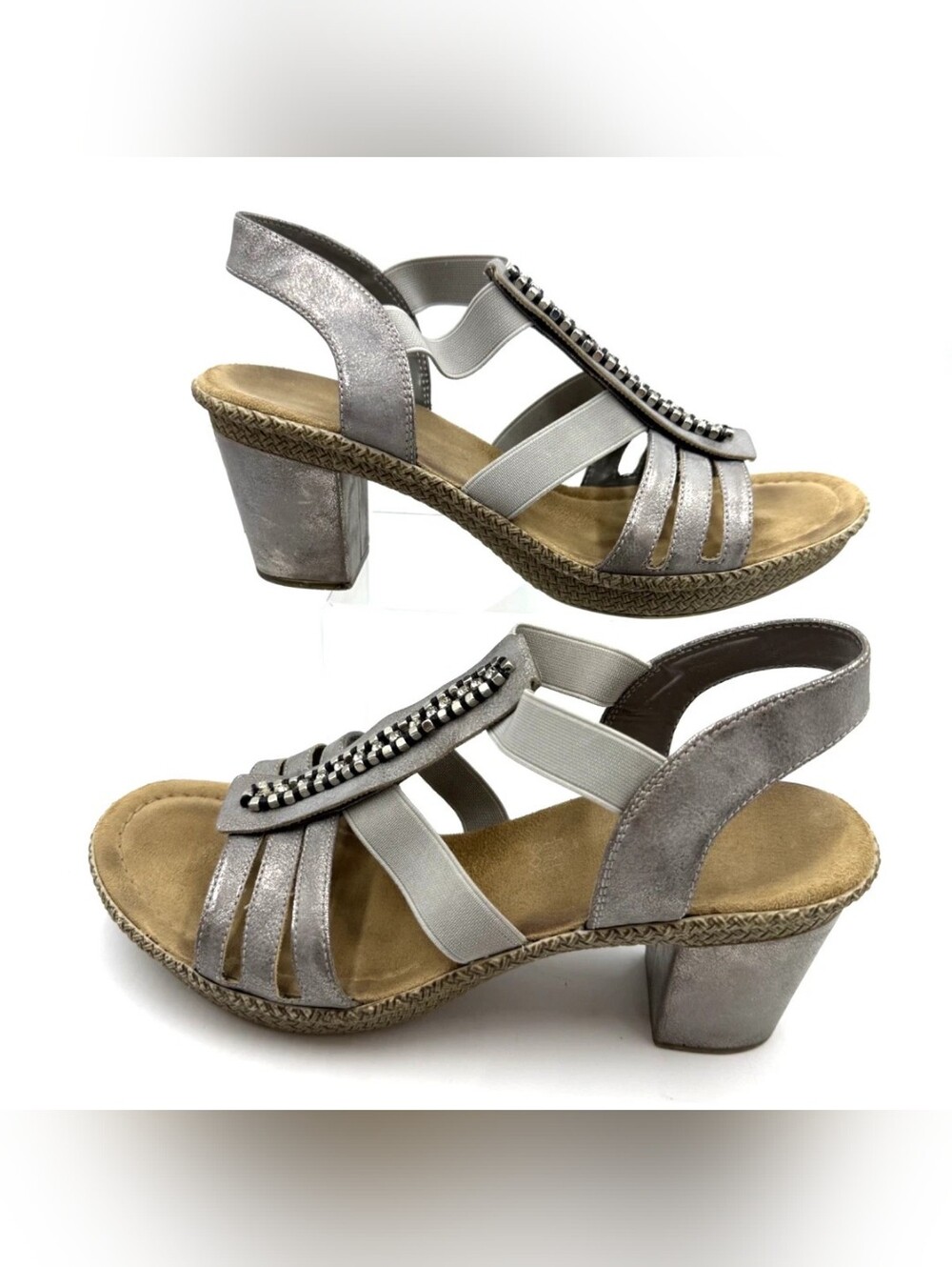 Rieker Metallic Silver Leather Heeled Sandals